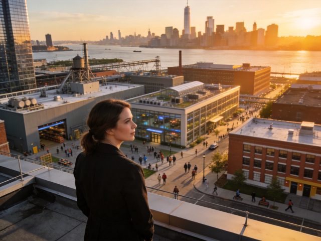 Emma Blackwood standing on Brooklyn headquarters rooftop overlooking Phoenix Network campus - revenge romance chapter 10