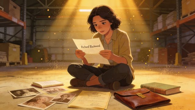 Emma Blackwood sitting in warehouse reading grandfather's letter - family secrets revenge romance chapter 6