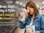 I Broke Down Crying in Public—And It Changed the Way I See Vulnerability A woman crying in public while standing alone in a grocery store, representing vulnerability and emotional release