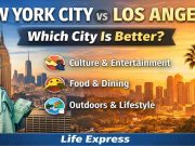 New York City vs Los Angeles: Which Is Better? NYC and LA skyline comparison with iconic landmarks at sunset.
