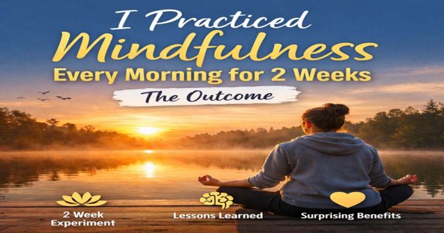 Woman practicing mindfulness meditation by the lake at sunrise.