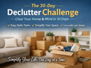 The 30-Day Declutter Challenge: A Simple Plan to Clear Your Home and Mind Minimalist living room with boxes and neatly organized items during a 30-day declutter challenge